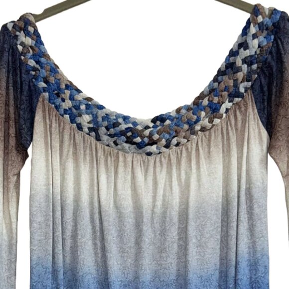 Sky Ombre Braided Neckline Boho Blouse Sky Blue Beige M L Tunic Top Boutique - Picture 4 of 9